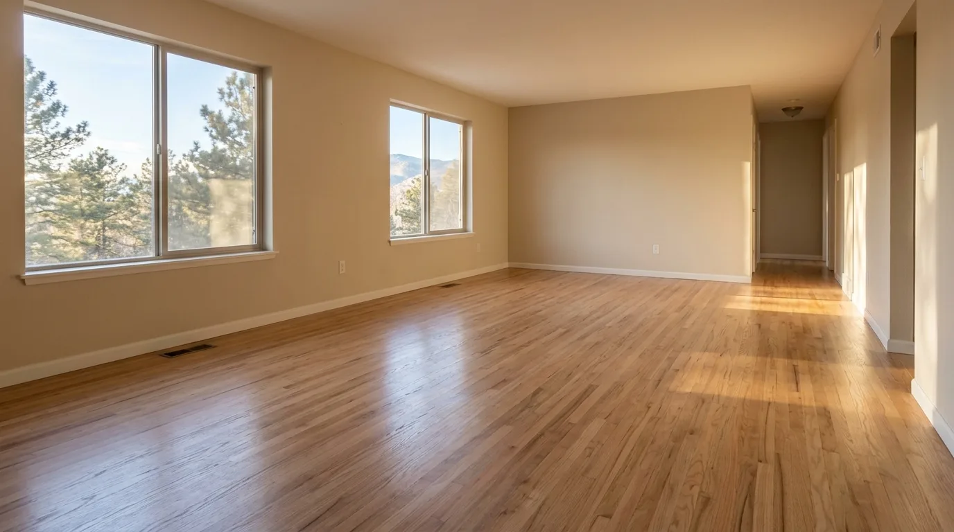 an emptied Colorado living room on moving day, furniture gone, low morning sun raking across clean streak-free bare hardwood toward a hallway, bare windows wiped and sills clear, room running off the right edge, empty lower-left floor area